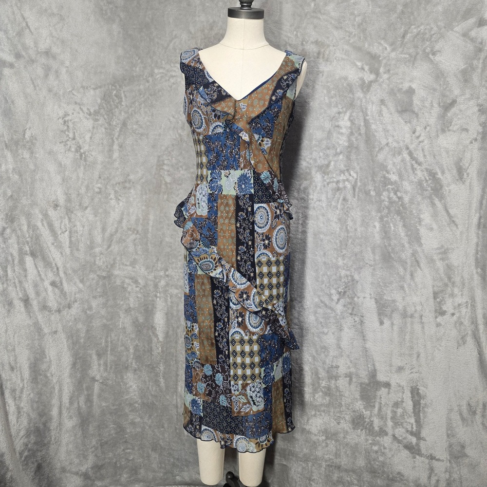 Believe Dress Sleeveless‎ Midi Patchwork Ruffle Trim V Neck Blue Brown